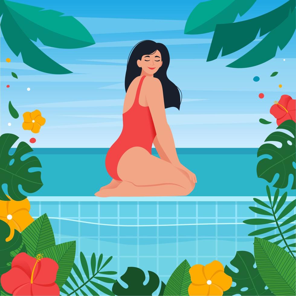 Woman in swimsuit on the pool with ocean background, vector illustration in flat style