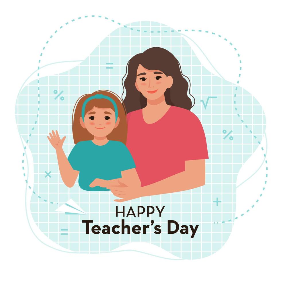 Happy teachers Day card with teacher and pupil. Vector illustration in flat style