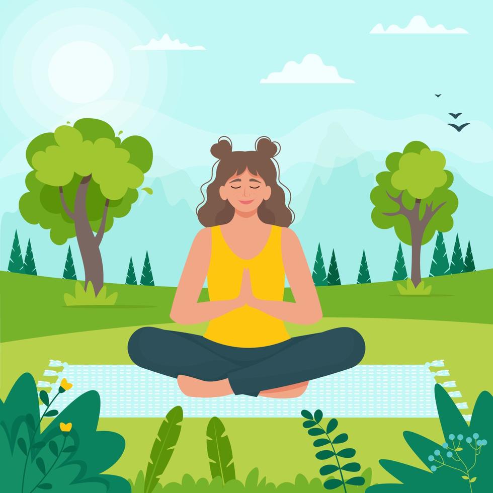 Woman in lotus pose, doing yoga in the Park. Relaxing healthy fitness concept. Summer activity. Vector illustration in flat style