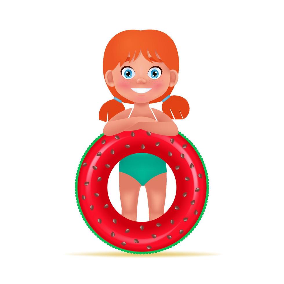 linda niña en traje de baño con círculo inflable para nadar. ilustración vectorial de dibujos animados en estilo 3d vector