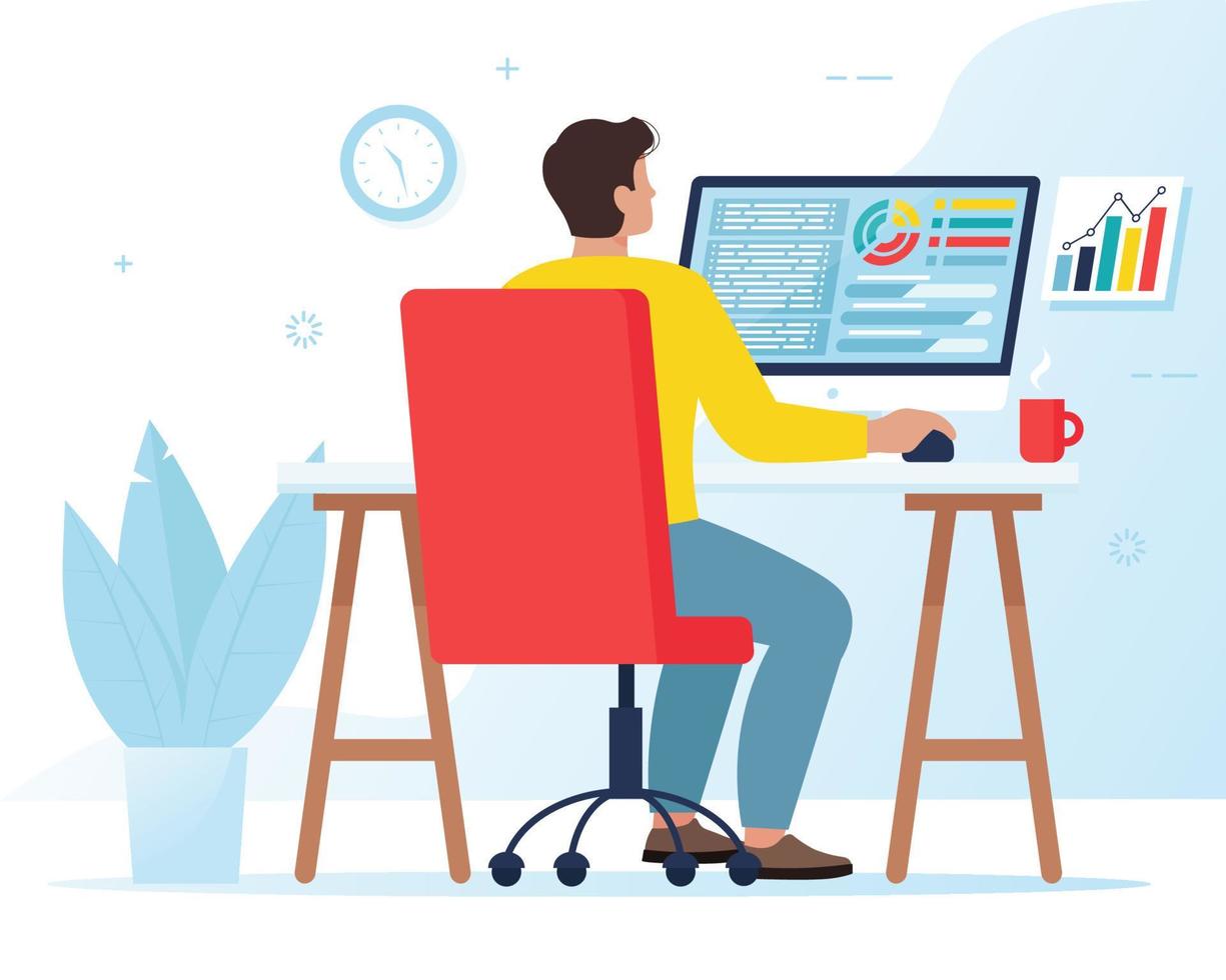 Man working at the computer. Freelance or office work concept, Accounting or marketing. Vector illustration in flat style