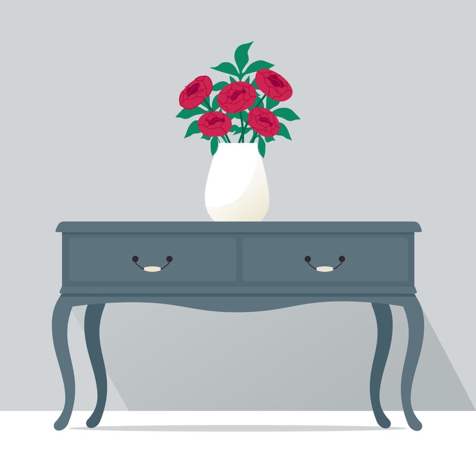 Grey old vintage table with bouquet of peony flowers. Vector illustration in flat style