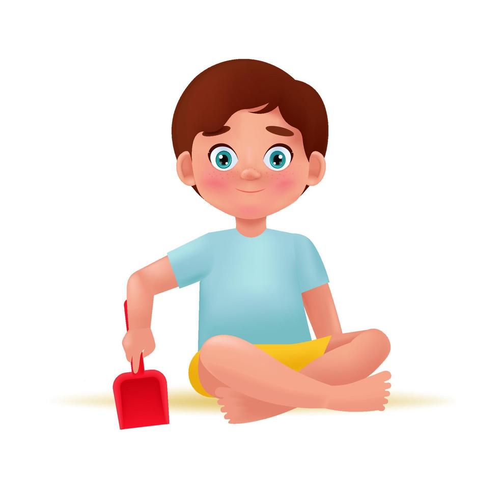 Preschool boy kid playing with sand shovel. Vector illustration in cartoon 3D style