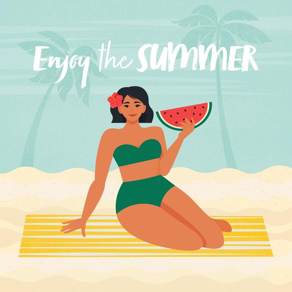 Woman in swimsuit with watermelon, sitting on beach. Summer vacation, relaxation, recreation concept. Vector illustration in retro flat style