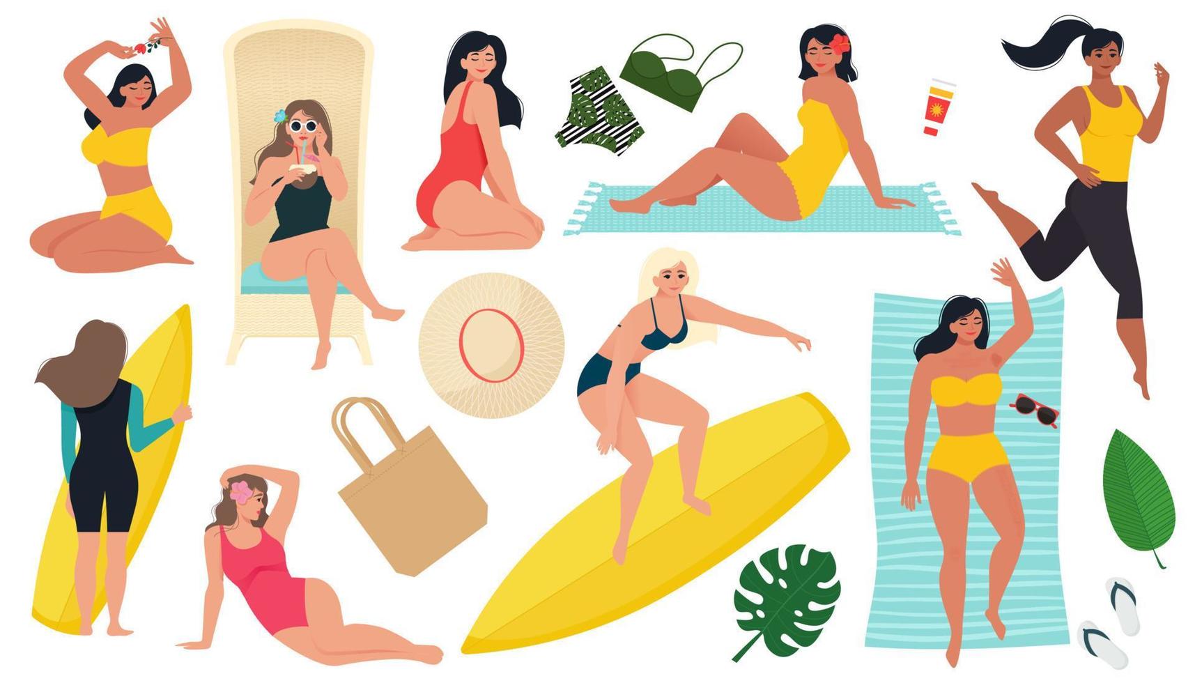 conjunto de verano. mujeres descansando en trajes de baño. ilustración vectorial aislada en estilo plano vector