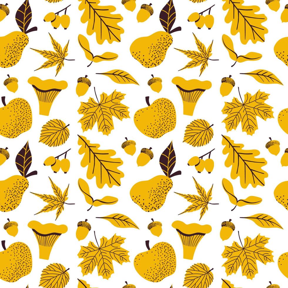 Autumn seamless pattern with leaves, berries, mushroom, apple, pear. Hand drawn vector illustration in scandinavian style