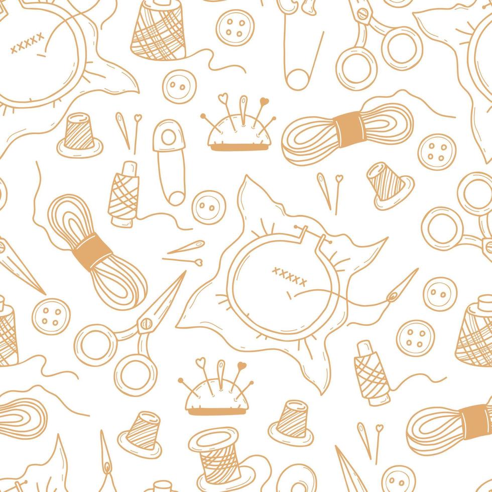 Seamless pattern with items for sewing and knitting. Needles, threads, scissors hoops with embroidery and buttons on white background. Vector illustration. Linear hand drawings in doodle style