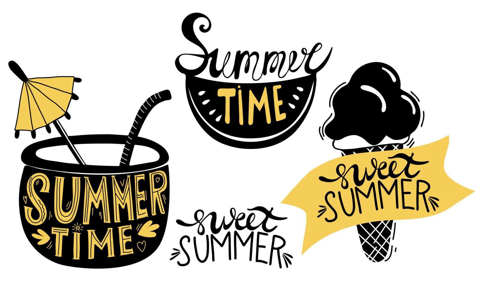 Summer time and sweet summer. Collection of vector summer decor. Cocktail, slice of watermelon and lettering ice cream. Isolated hand drawings and lettering for summer design, decor and printing