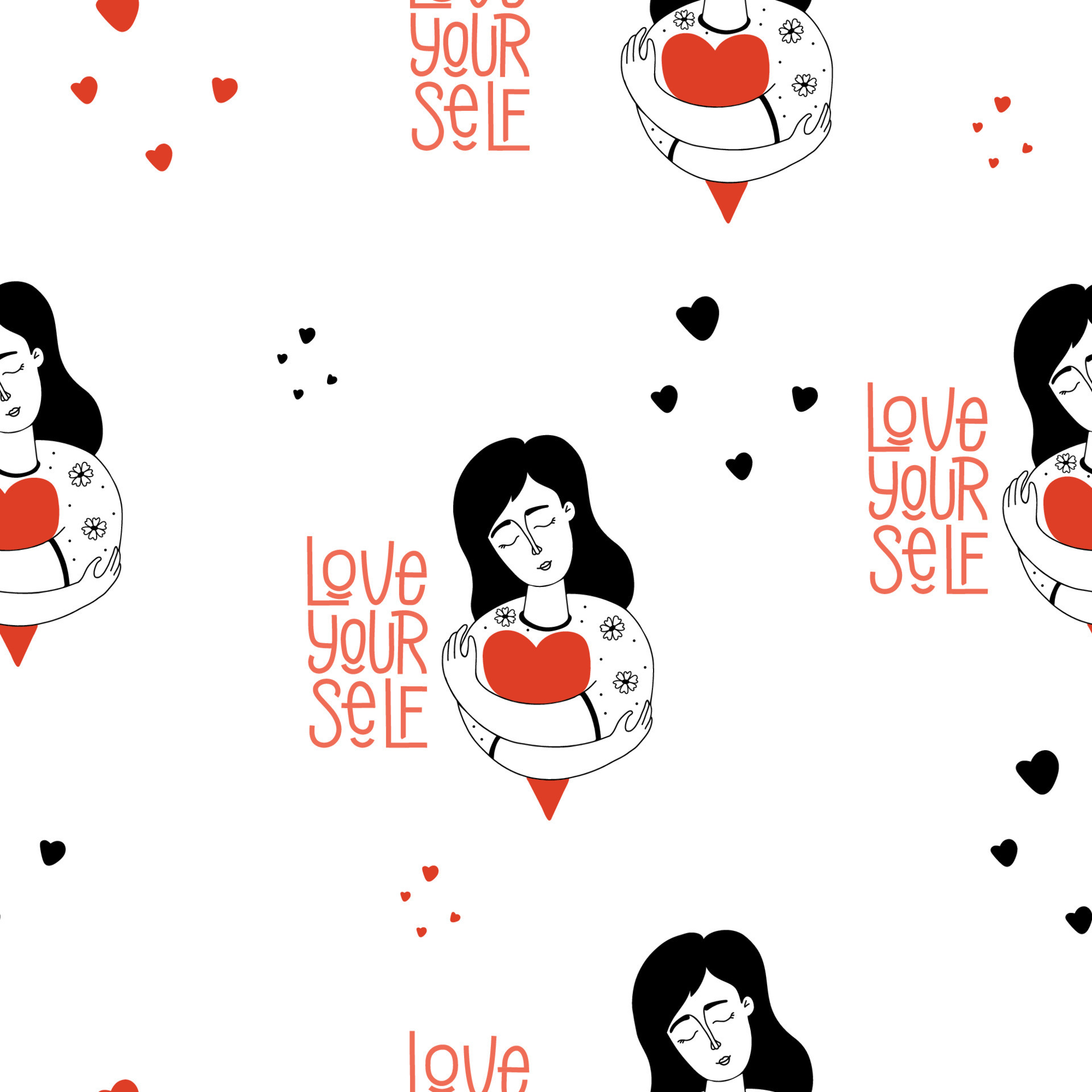 Seamless pattern with cute girl with big red heart hugging herself on white background. Vector illustration in hand drawn linear doodle style. pattern Love yourself for decor, design, wallpaper 8054047 Vector Art Seamless pattern with cute girl with big red heart hugging herself on white background. Vector illustration in hand drawn linear doodle style. pattern Love yourself for decor, design, wallpaper 8054047 Vector Art