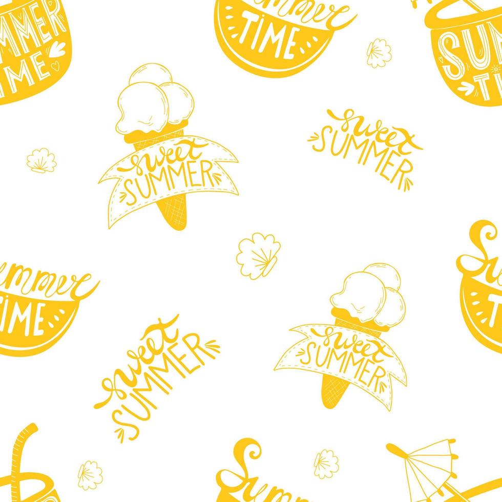 Seamless summer pattern. slice of watermelon and cocktail with inscription summer time and ice cream with sweet summer lettering on white background with seashells. Vector illustration for design