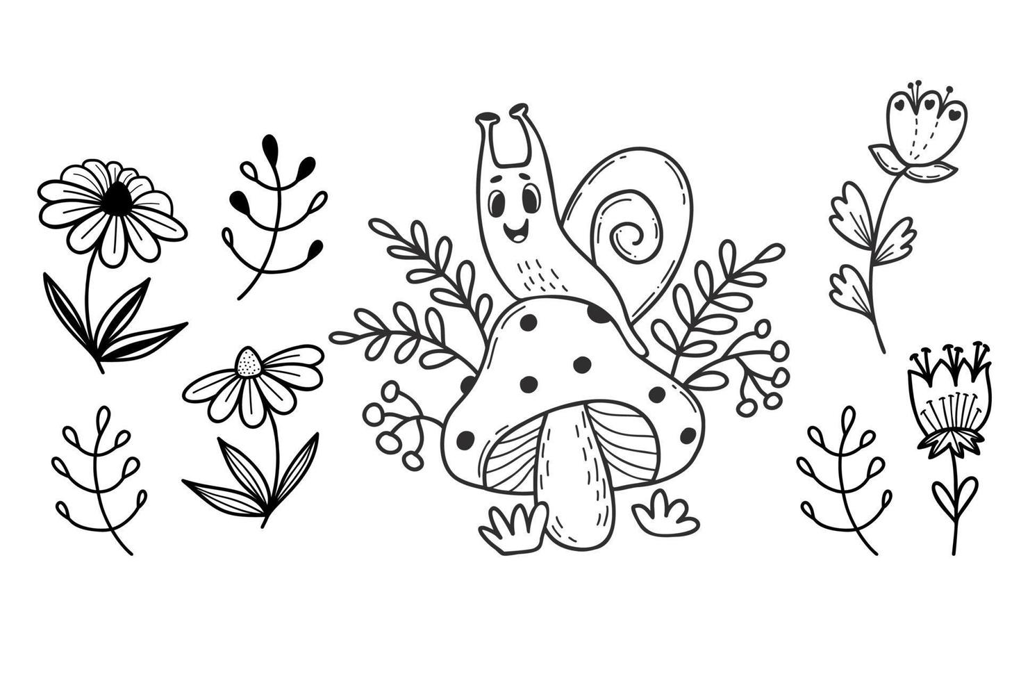 Collection Cute snail and decorative flowers, daisies and twigs. Linear hand drawing. Vector illustration. Isolated elements - Funny snail clam and flowers for design and decor