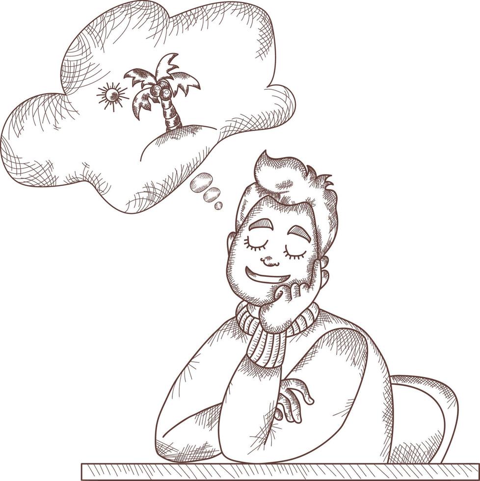 Man thinking about travel. Vector illustration, hand drawn line art