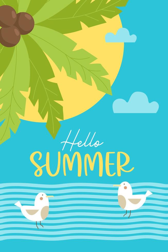Hello summer. poster with sea, palm tree and seagulls on waves. Vector illustration. Summer Decorative vertical tropical sea map for flyers, postcards, advertising and travel brochures, sales