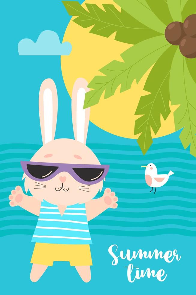 Summer time poster with cute hare tourist, sea, palm tree and seagull. Vector illustration. Vertical card of summer rabbit character on tropical beach for flyers, cards, advertising, travel brochures