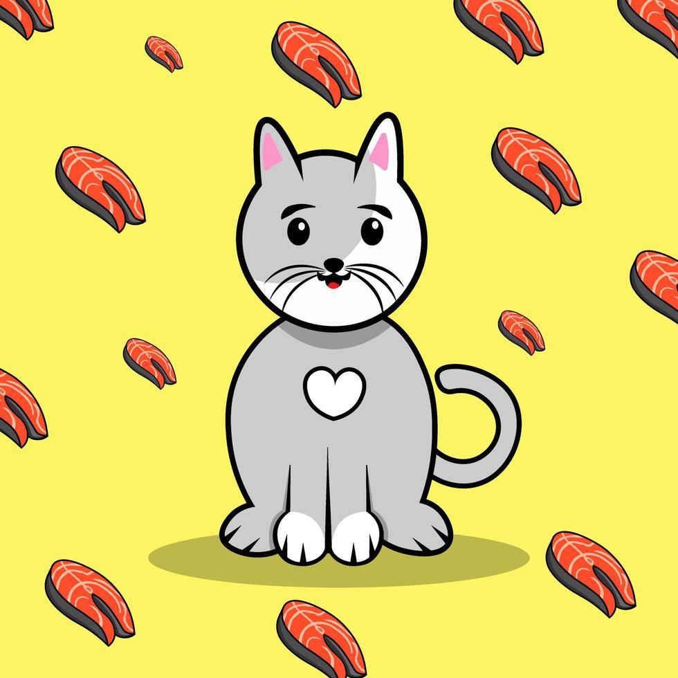 el gato alegre se sienta en el fondo del papel pintado amarillo con pescado. ilustración infantil para su diseño. vector