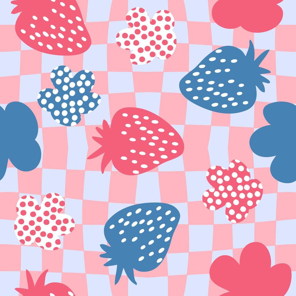 Hippie aesthetic strawberries and spotted flowers seamless pattern. vector