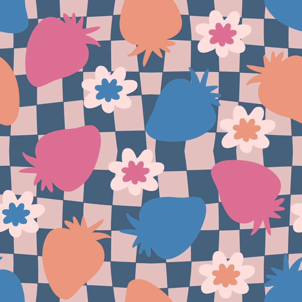 Groovy strawberries and flowers silhouette seamless pattern. vector