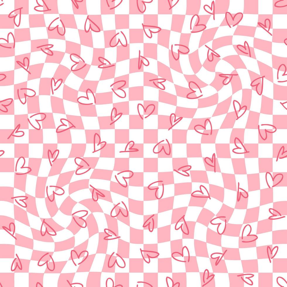 Trippy checkered seamless pattern with simple hearts. vector