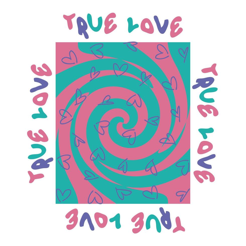 TRUE LOVE slogan print with groovy hearts in 1970s style. vector