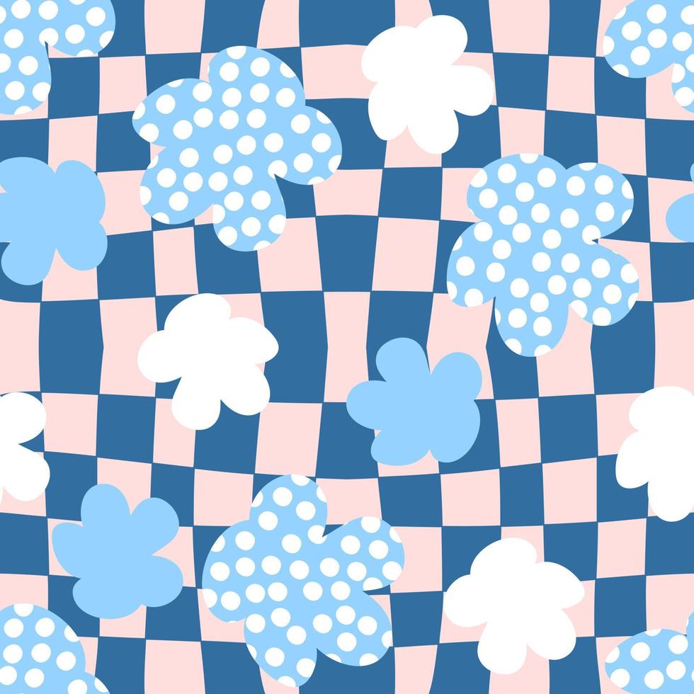 Summer spotted flowers seamless pattern on grid distorted background. vector