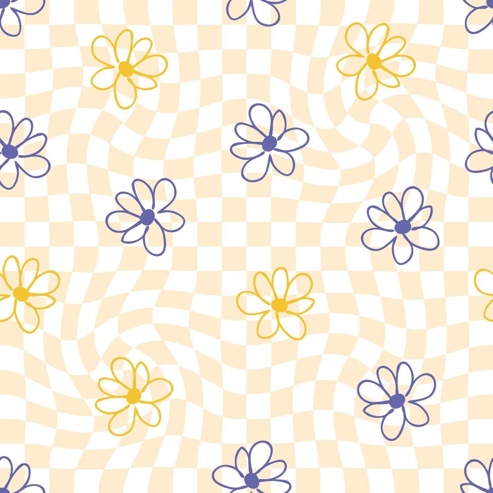 Retro swirl dizzy seamless pattern with daisy flowers in 1970s style. vector