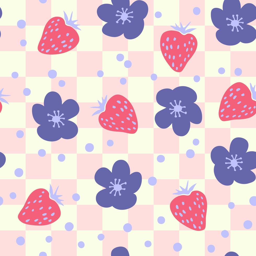 Groovy strawberries and flowers seamless pattern in 1970s style. vector