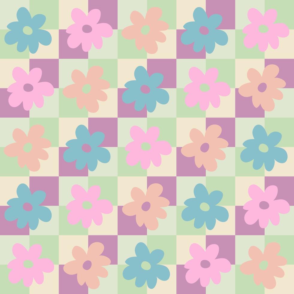 Groovy daisy flowers seamless pattern in 1970s style. vector