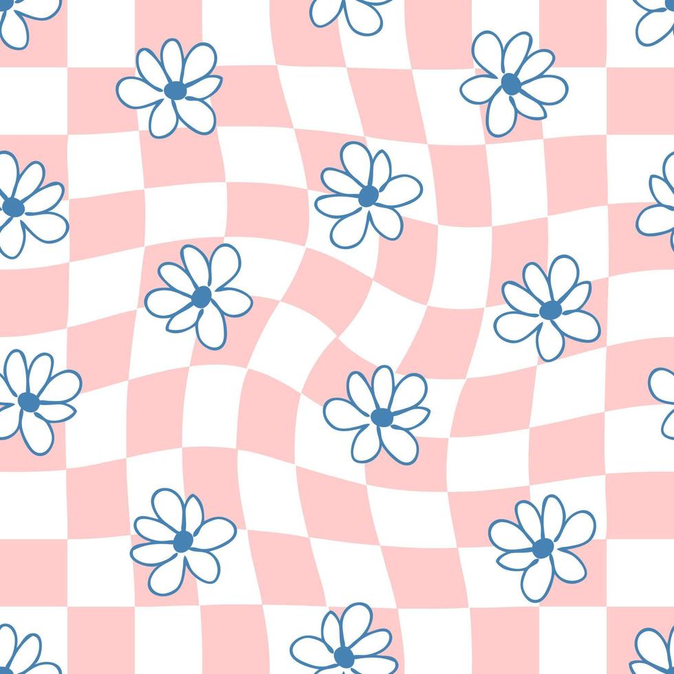 Hippie aesthetic seamless pattern with daisies in 1970s style. vector