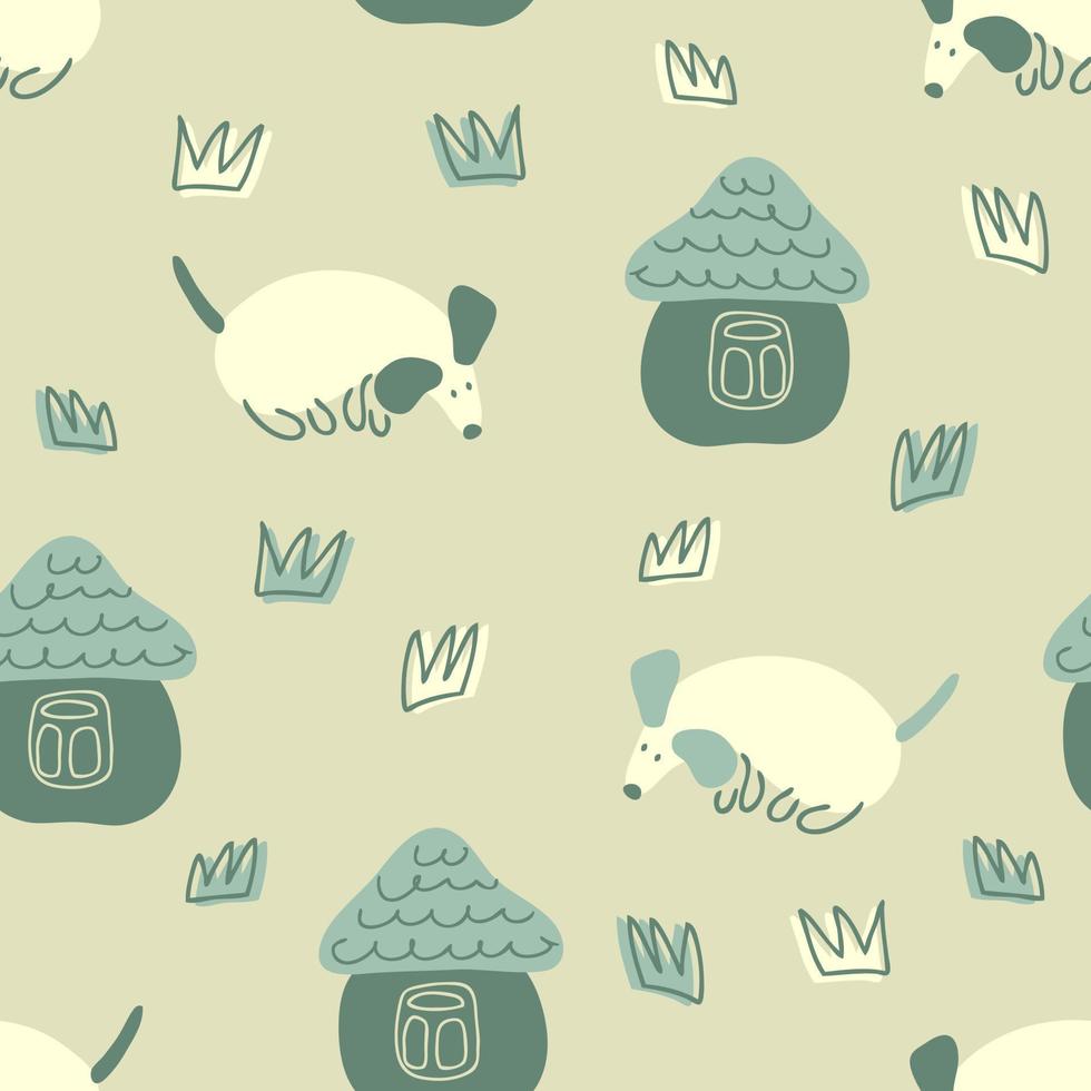 Childish seamless pattern with walking puppies and houses. vector