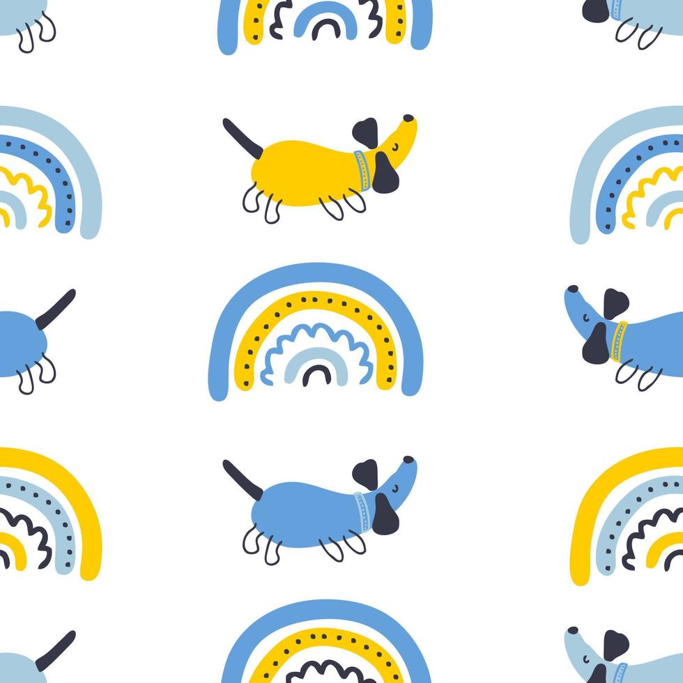 Childish seamless pattern with dachshunds and rainbows. vector
