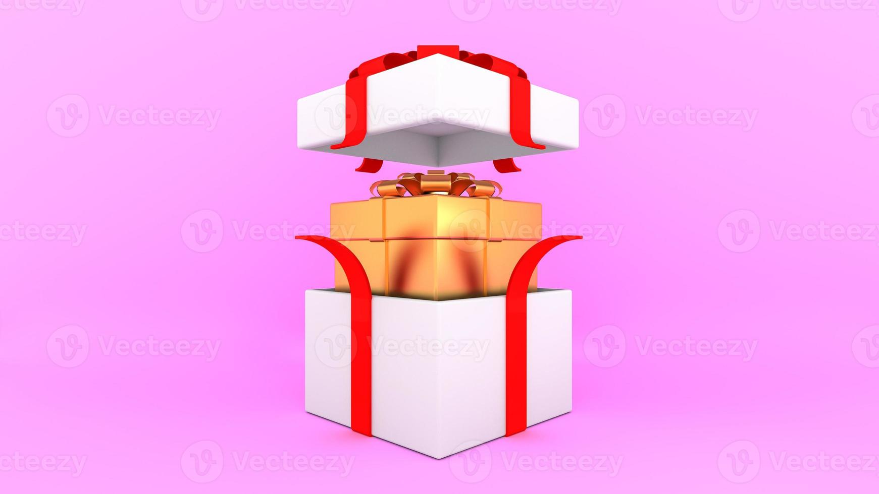 Open white gift box with red ribbon and inside golden box on pink background.,minimal christmas and newyear concept., 3D rendering. photo