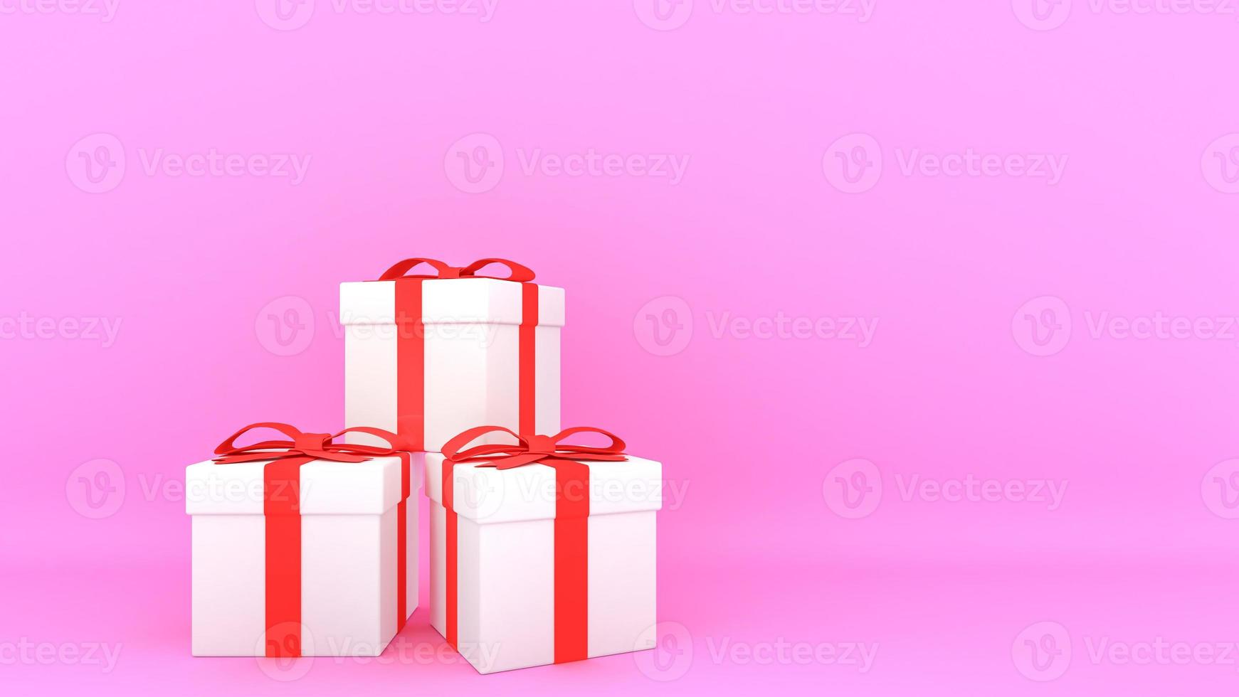 Decorative gift boxes with red bows and ribbons with pink background., 3D rendering. photo
