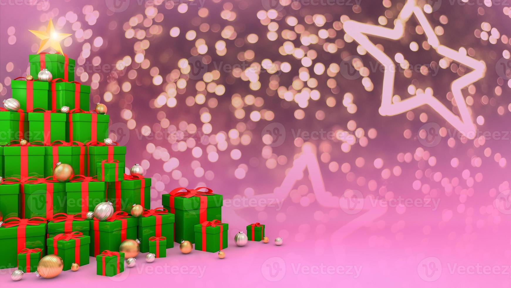 Green gift boxes with red ribbons laid out in the shape of a Christmas tree on light bokeh background., 3D rendering. photo