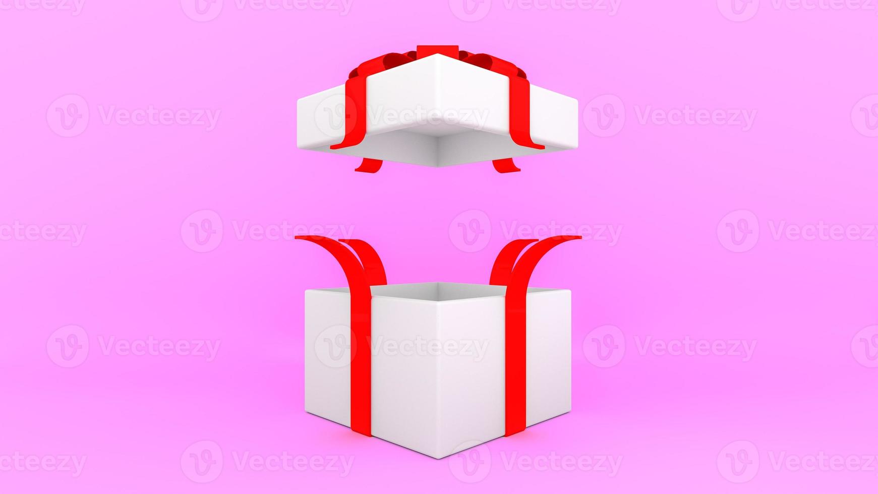 Open white gift box with red ribbon on pink background.,minimal christmas and newyear concept., 3D rendering. photo