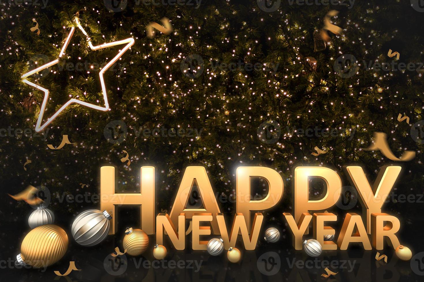 Golden happy new year typography with christmas ball and confetti gold on light bokeh background., 3D rendering. photo