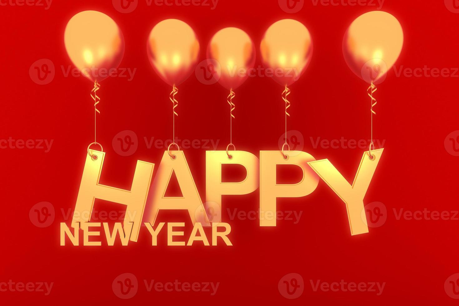 Happy New Year concept with golden paper cuted and gift boxes and ribbons on balloon with red background., 3D rendering. photo