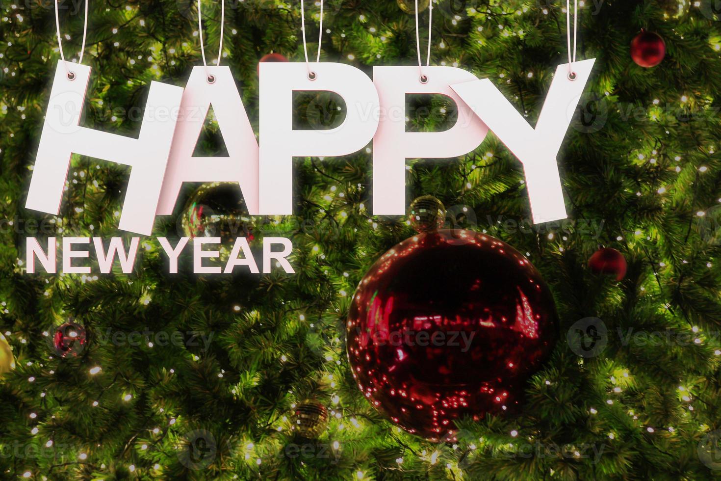 Happy New Year concept with paper cuted on ropes on lighting christmas tree background., 3D rendering. photo