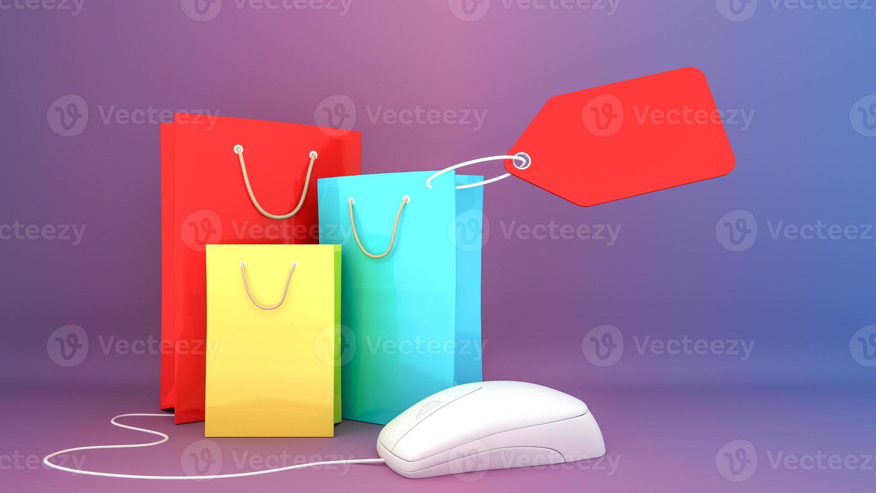 Colourful paper shopping bags and price tag with computer mouse., shopping online concept or shopaholic concept, 3D rendering. photo
