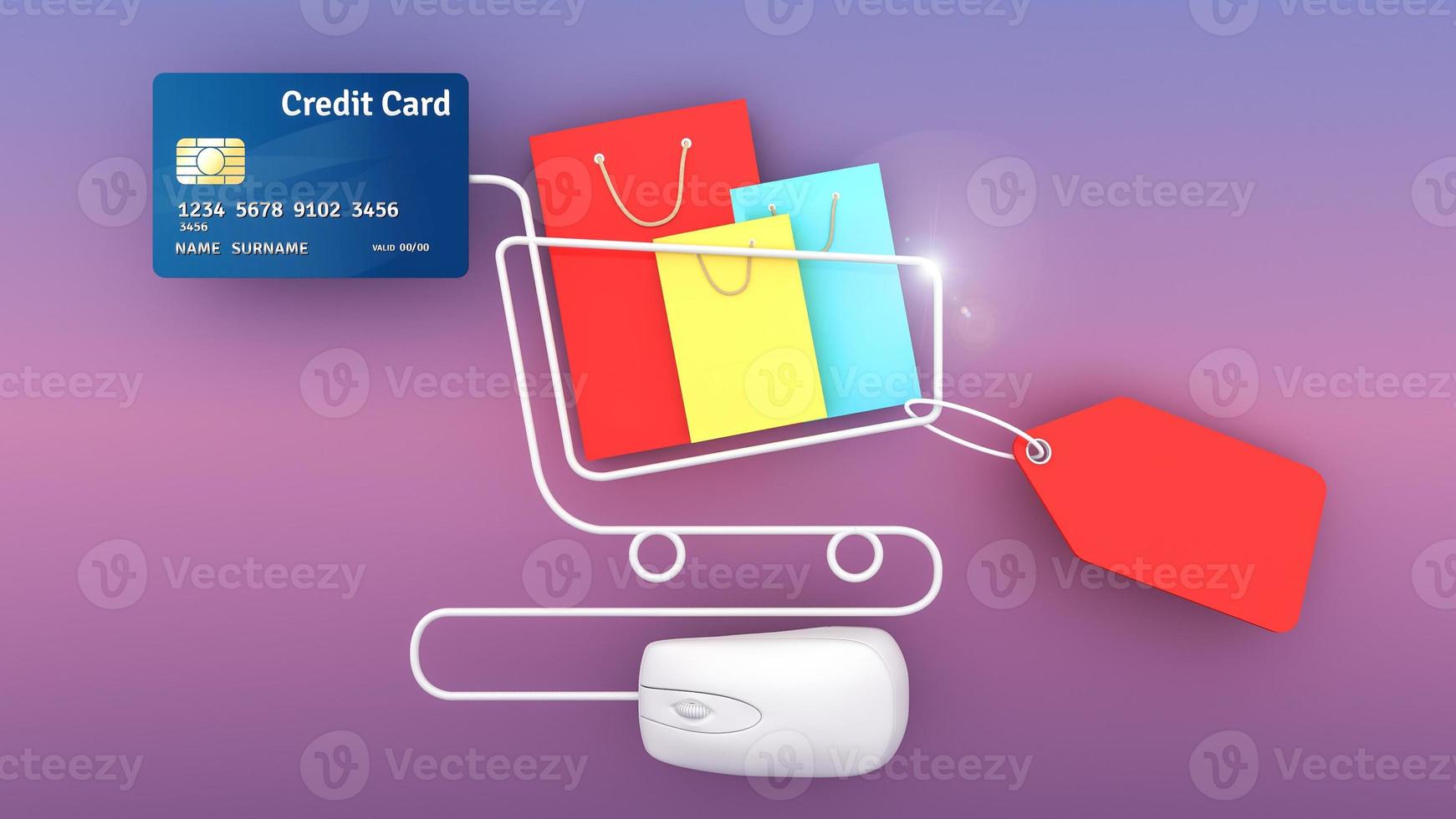 Colourful paper shopping bags and price tag and credit card with computer mouse., shopping online concept or shopaholic concept, 3D rendering. photo