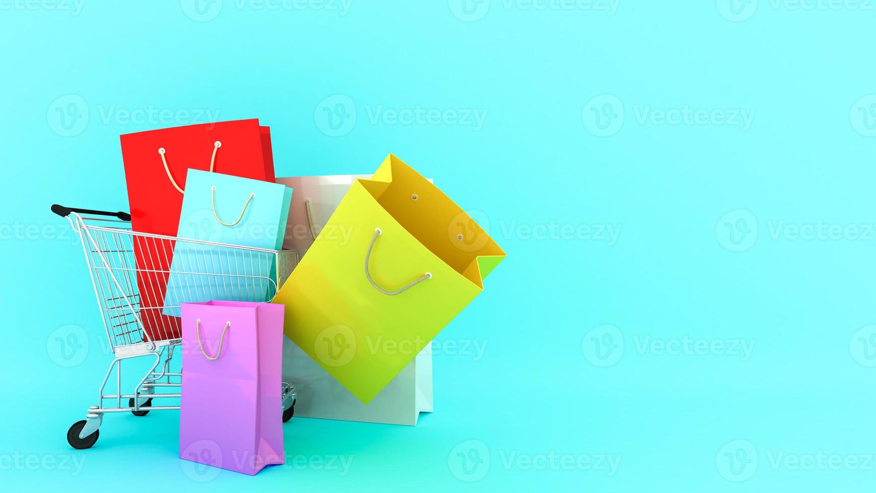 bolsas de papel de colores en el carrito de compras con fondo azul, amante de las compras o concepto de adicto a las compras, representación 3d. foto