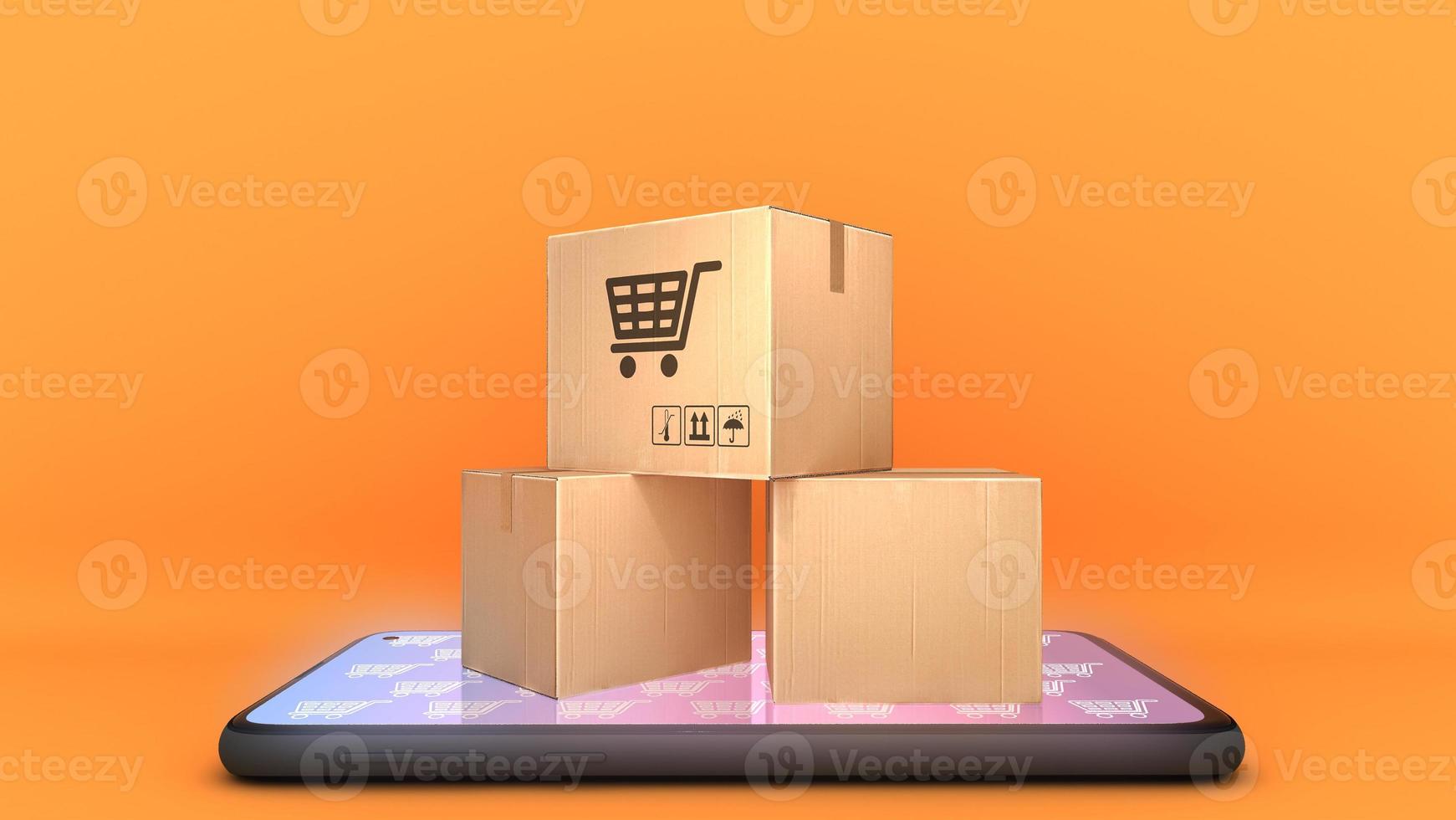 Many Paper boxes on mobile phone with orange Background., shopping online or shopaholic concept, 3D rendering. photo