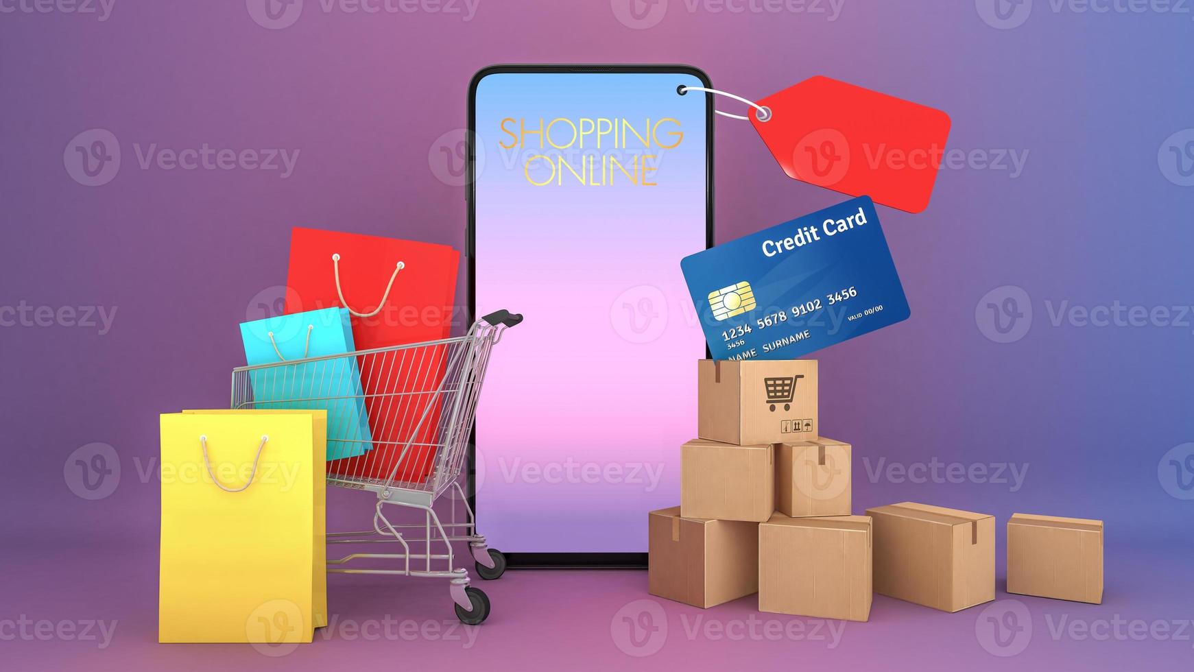 Many Paper boxes and Colourful paper shopping bags and credit card in a cart appeared from smartphones screen., shopping online or shopaholic concept, 3D rendering. photo