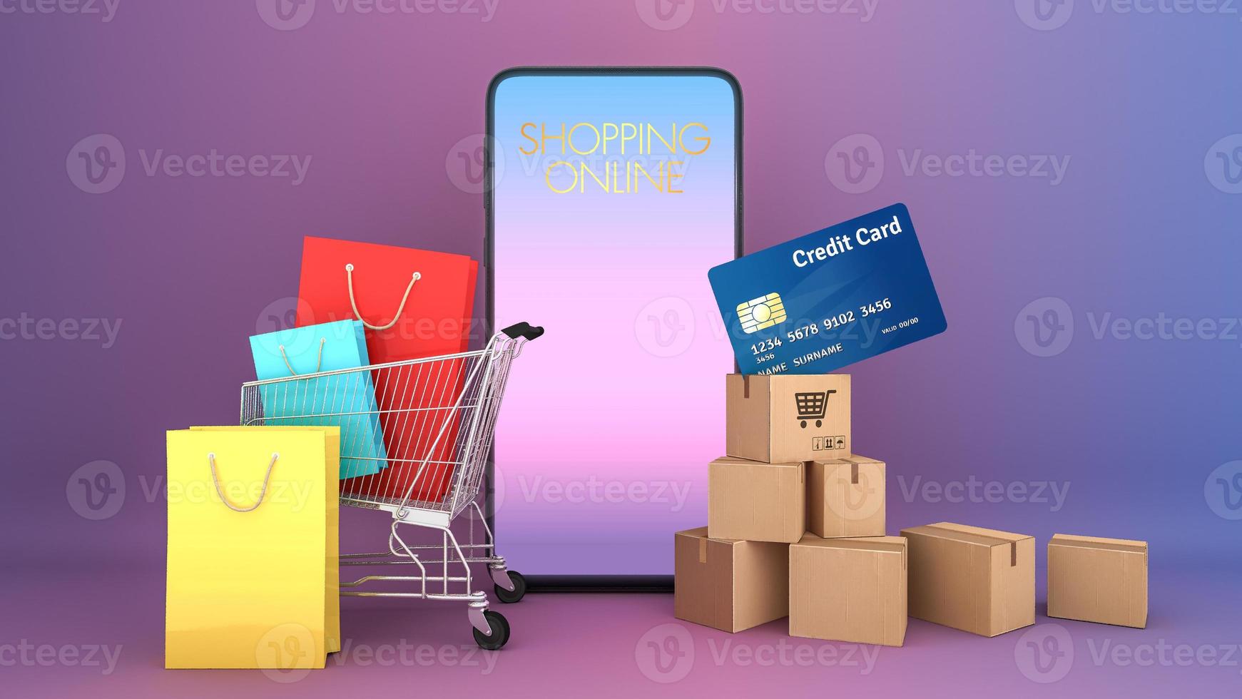 Many Paper boxes and Colourful paper shopping bags and credit card in a shopping cart appeared from smartphones screen., shopping online or shopaholic concept, 3D rendering. photo