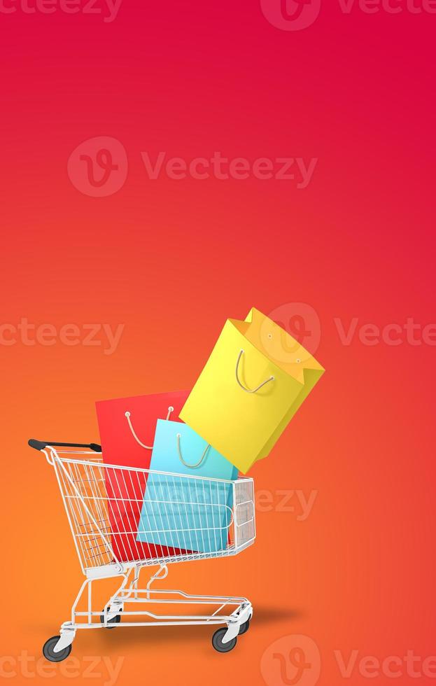 Colourful paper shopping bags on shopping cart with red Background., shopping lover or shopaholic concept, 3D rendering. photo