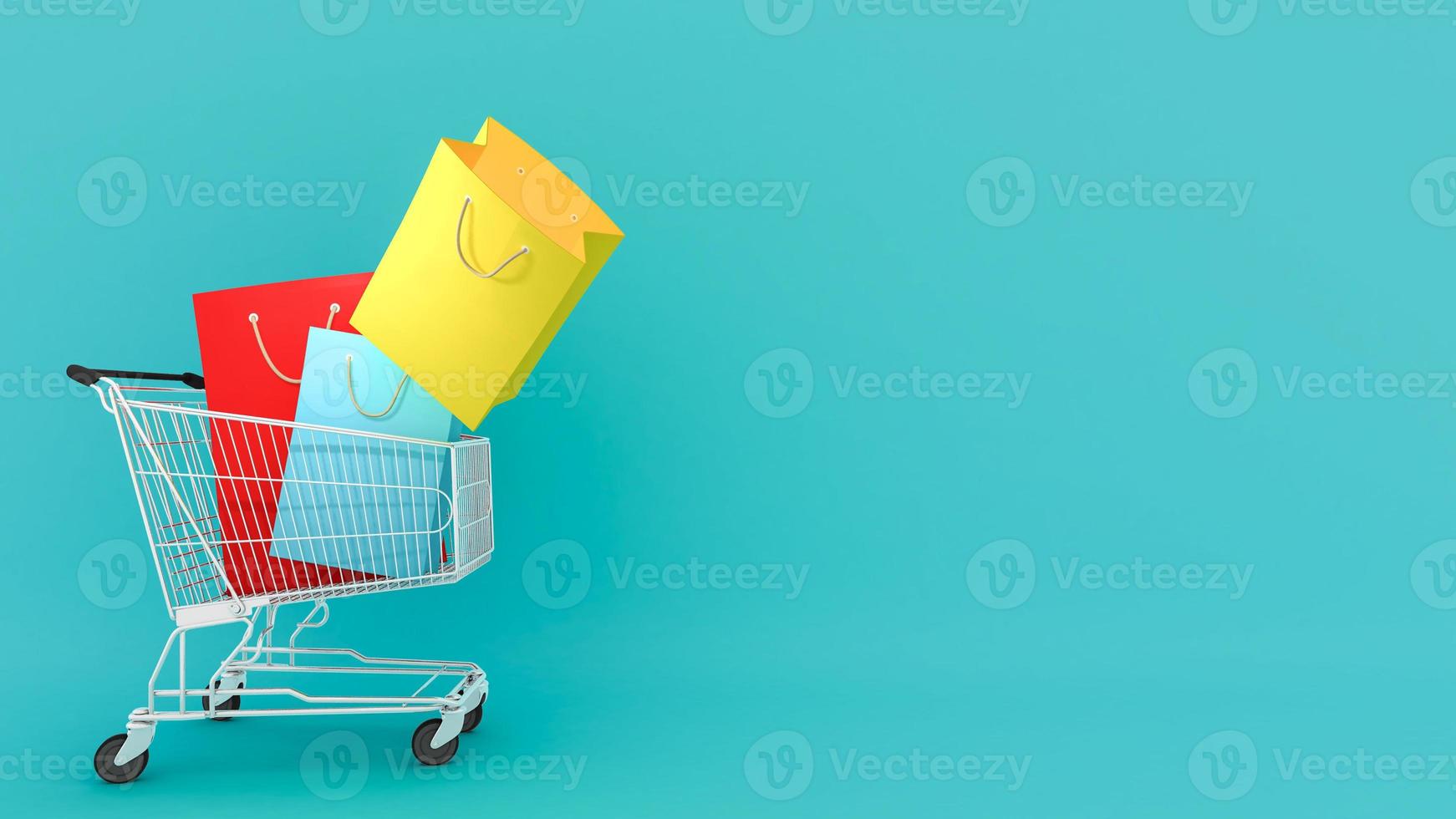 Colourful paper shopping bags on shopping cart with blue Background., shopping lover or shopaholic concept, 3D rendering. photo