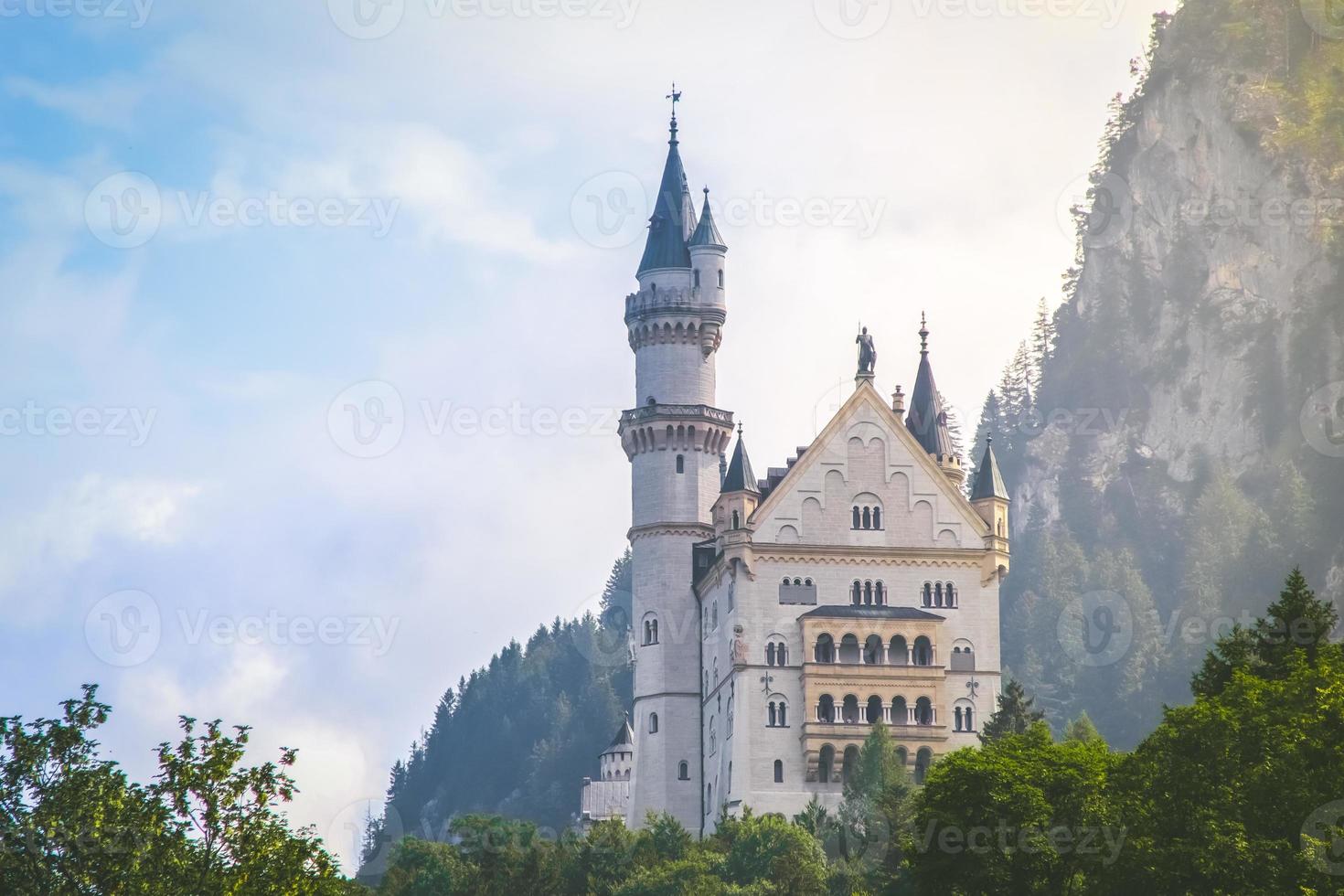 Front view Neuschwanstein castle in summer landscape near Munich in Bavaria, Germany photo