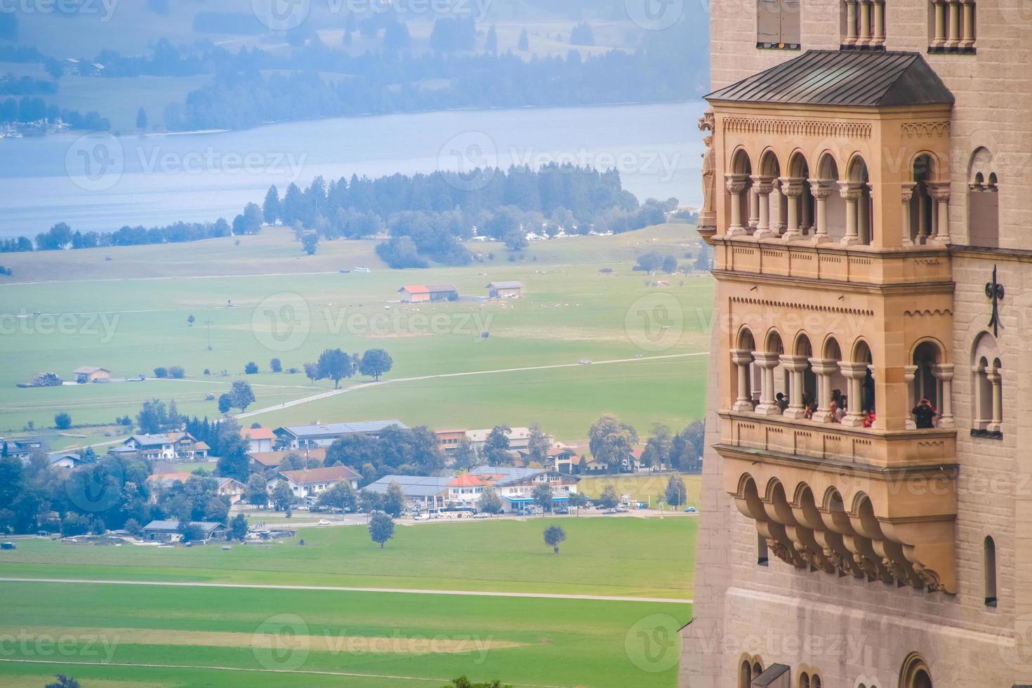 Close up view terrace Neuschwanstein castle in summer landscape near Munich in Bavaria, Germany photo
