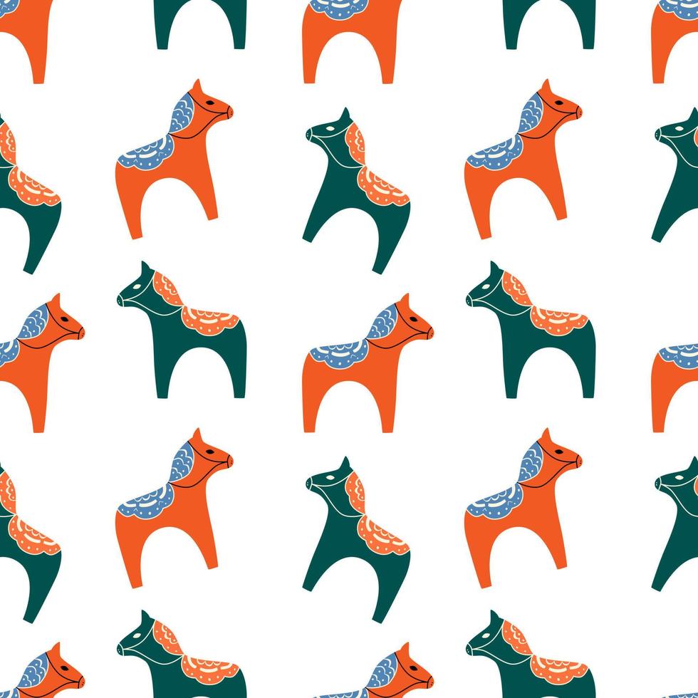 Horses colored seamless pattern. Animal print. Dala horse vector design for textile, wrapping paper, packaging, kids stuff, background.