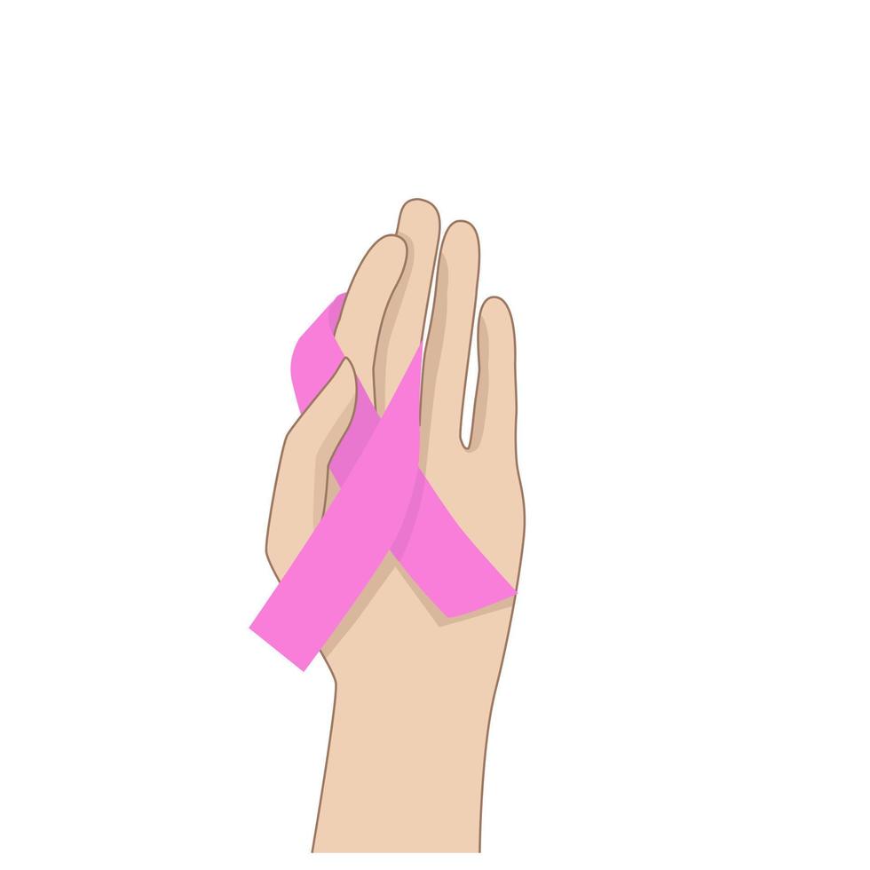 Breast cancer awareness month poster. World breast cancer day card. Hand with pink ribbon illustration. International symbol of breast cancer awareness. Good for ad, social media, articles, banner. vector