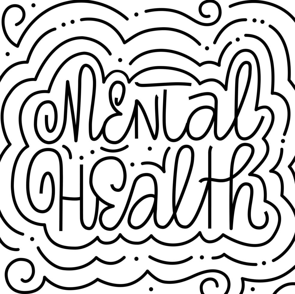 Mental health hand drawn quote with pattern background. Lettering design element for cards, poster, banner, article, social media. Vector calligraphy inscription. Psychological well-being.